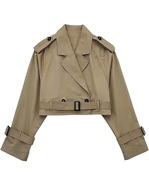 Wyeysyt Women's Cropped Jacket Lapel Long Sleeve Crop Trench Coat Loose Pea Outwear with Belt | Amazon (US)
