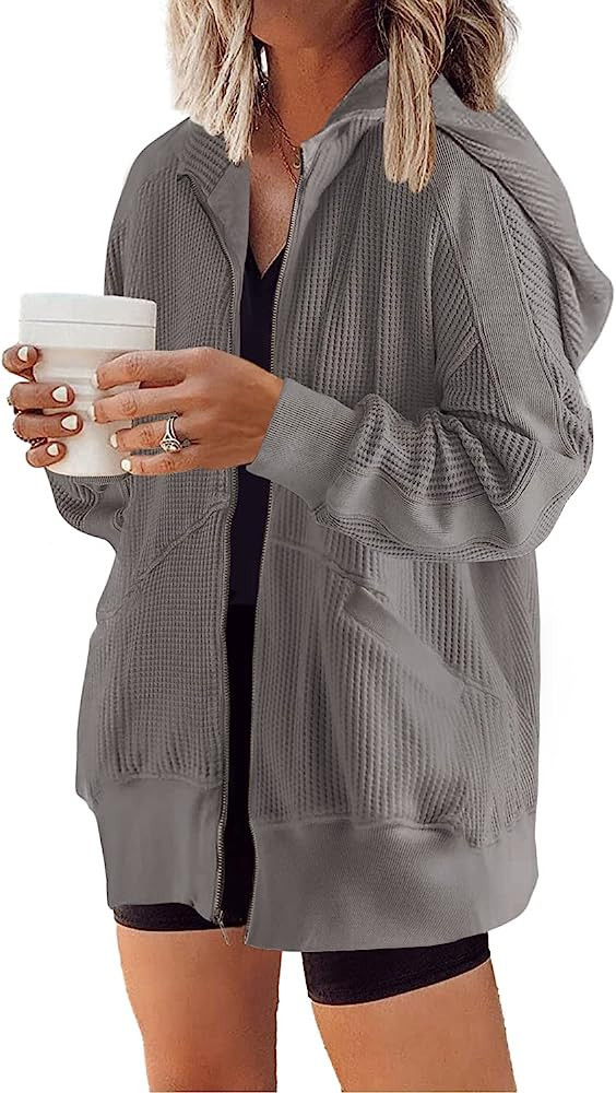 Yanekop Womens Waffle Knit Shacket Boyfriend Shirt Jacket Button Down Blouse Loose Fit Long Sleev... | Amazon (US)