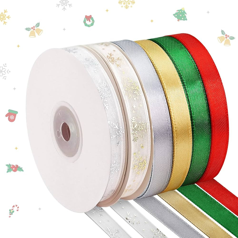6 Rolls Snowflake Wrapping Ribbon 3/8 Inch x 150 Yards Glitter Fabric Holiday Festival Satin Ribb... | Amazon (US)