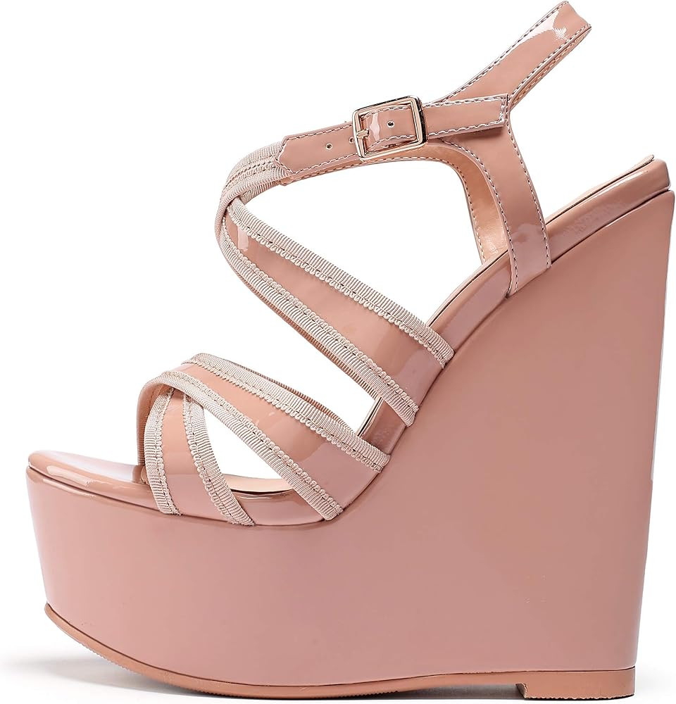 Eldof Womens Wedge Platform Sandals Peep Toe Cross Strap Wedge Heel 6" Ankle Srap Summer Wedge Heels | Amazon (US)