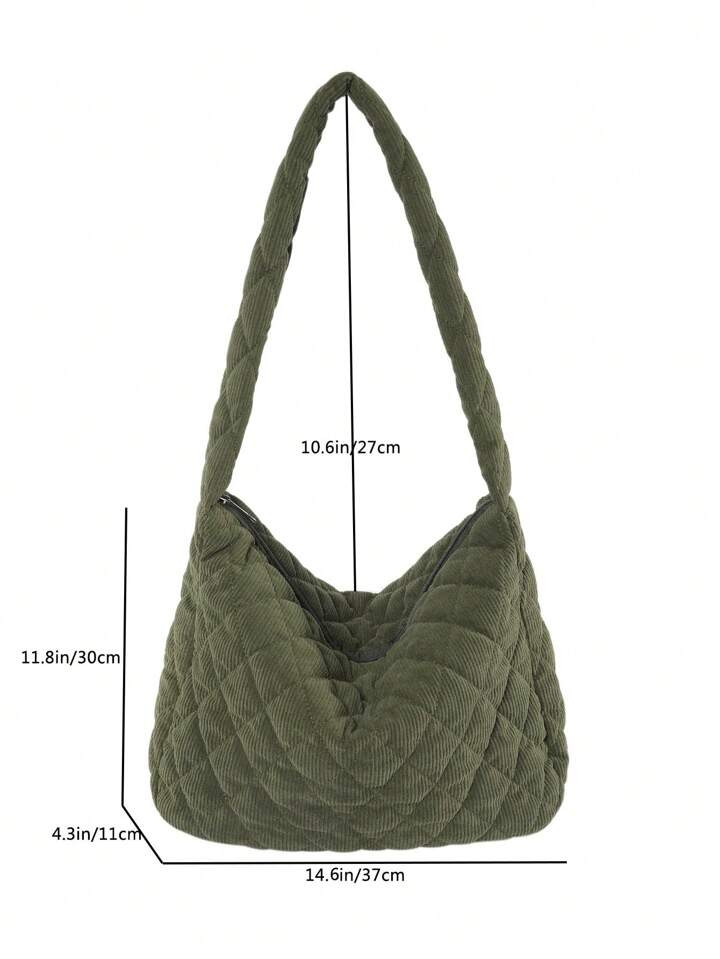 Large Capacity Solid Color Corduroy Shoulder Bag With Quilted Diamond Pattern, Foldable Fashionab... | SHEIN