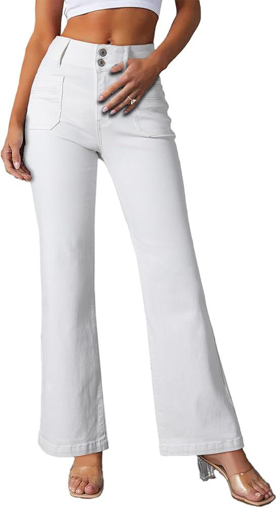 Sidefeel Womens High Waisted Tummy Control Jeans 2025 Stretchy Straight Wide Leg Pockets Front Bo... | Amazon (US)