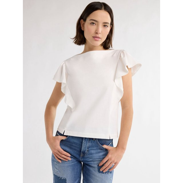 Free Assembly Women’s Cotton Tee with Short Flutter Sleeves, Sizes XS-XXL | Walmart (US)