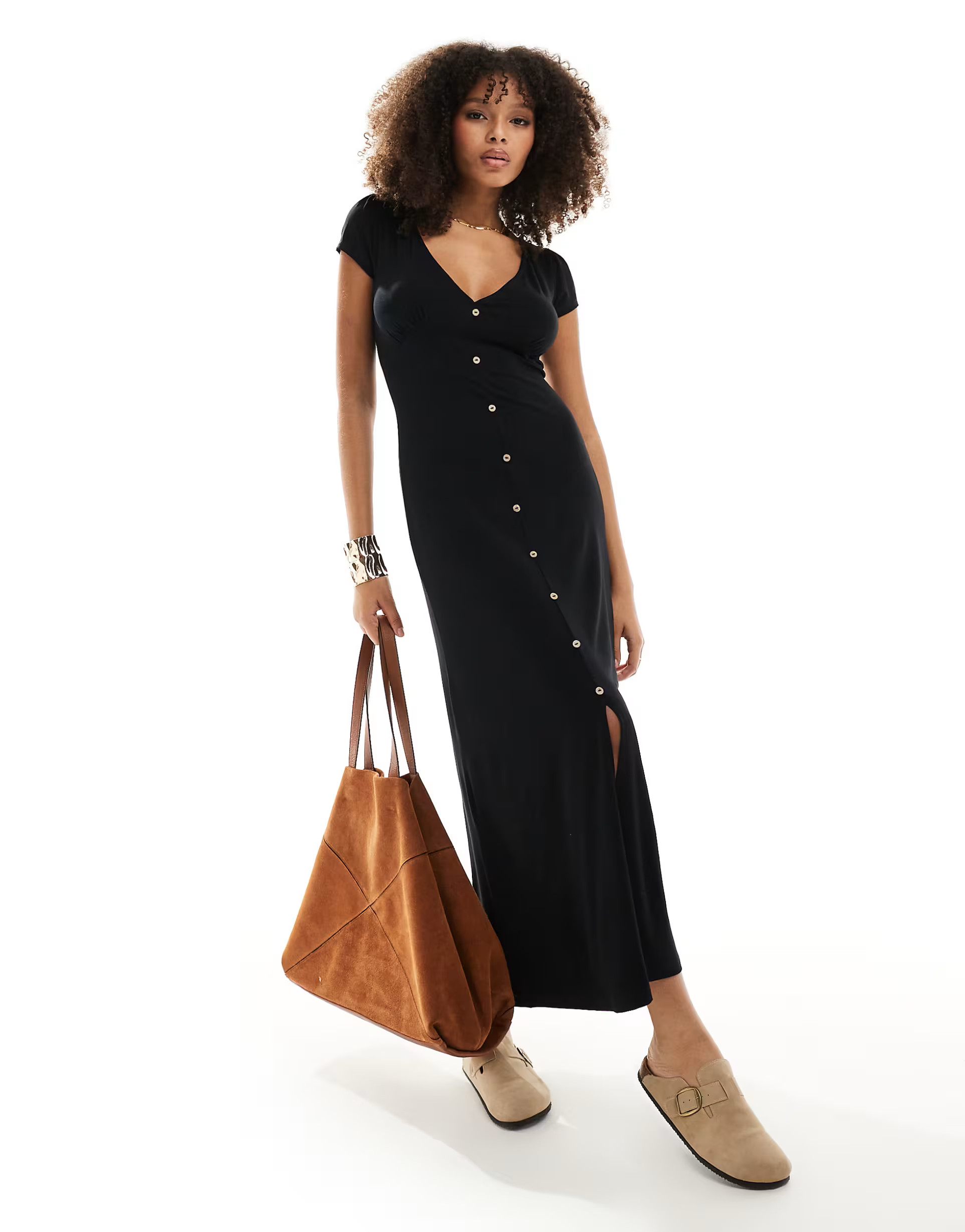 ASOS DESIGN cap sleeve button front midi tea dress in black | ASOS | ASOS (Global)