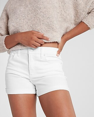 Mid Rise White Convertible Hem Jean Shorts | Express