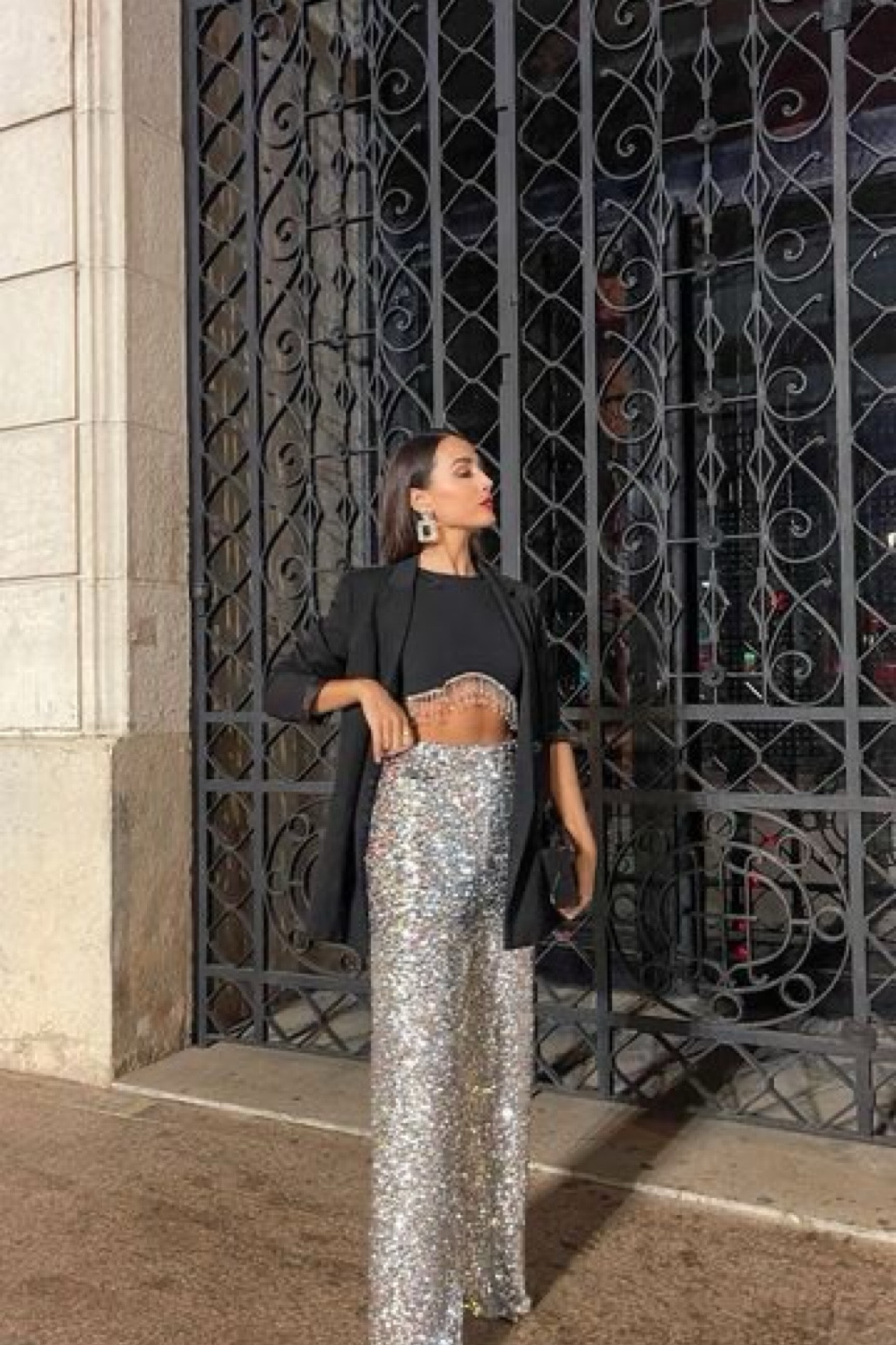 Holiday/new year outfit 
Sequin wide leg pants 
Black blazer 
Black  rhinestone crop top 

#LTKParties #LTKHoliday #LTKStyleTip