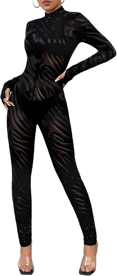 MakeMeChic Women's Sexy See Through Sheer Mesh Jumpsuits Cut Out Back Long Sleeve Skinny Club Par... | Amazon (US)