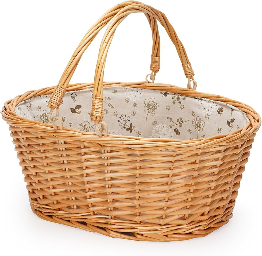 Wicker Picnic Basket with Double Folding Handles, Natural Large Willow Hamper Empty Basket Cheap ... | Amazon (US)
