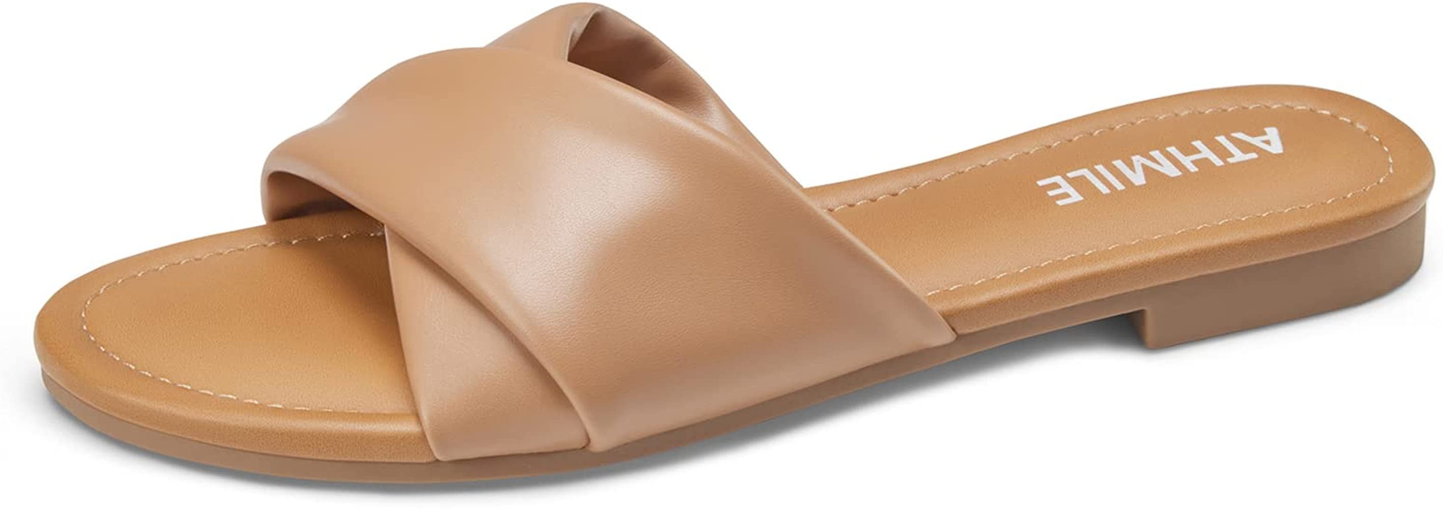 ATHMILE Sandals Women Dressy Summer Flat Comfortable Fashion Beach Cute Ladies Slides Leather Cas... | Amazon (US)