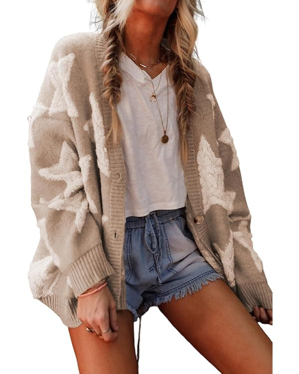 KevaMolly Womens Cardigan Sweater Sherpa Star Pattern Textured Sweater Cardigan with Pockets Casu... | Amazon (US)