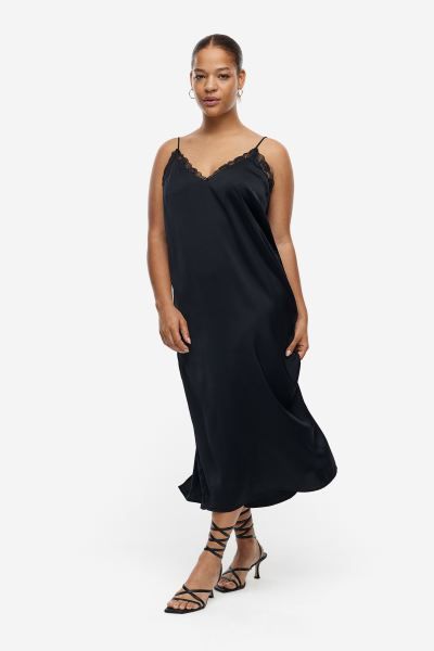 Lace-trimmed Slip Dress - Sweetheart Neckline - Sleeveless - Black - Ladies | H&M US | H&M (US + CA)