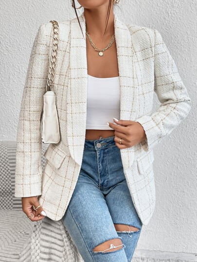 SHEIN Frenchy Plaid Shawl Collar Open Front Blazer | SHEIN