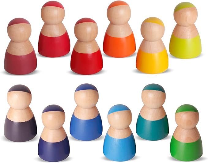 SHIERDU 12 PCS Rainbow Wood Peg Dolls Wooden Pretend Play People Figures for Toddlers Preschool L... | Amazon (US)