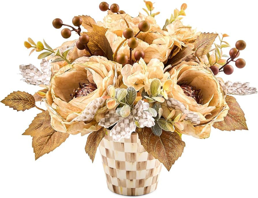 MACKENZIE-CHILDS Fall Floral Arrangement, Brown-and-White Mocha Check | Amazon (US)