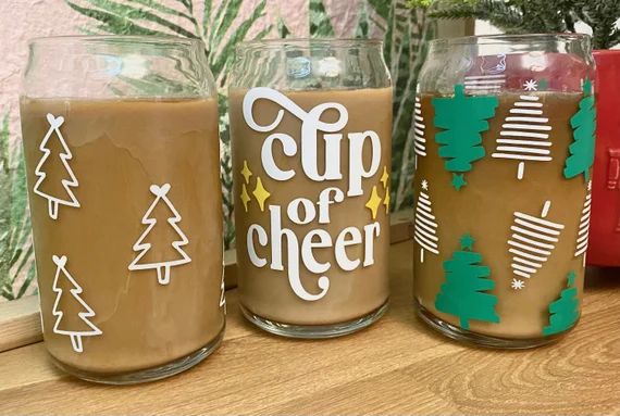 CHRISTMAS theme with STRAW LID Iced Coffee Glass Can | Vinyl Glassware | Beer Soda Can Shaped Mug... | Etsy (US)