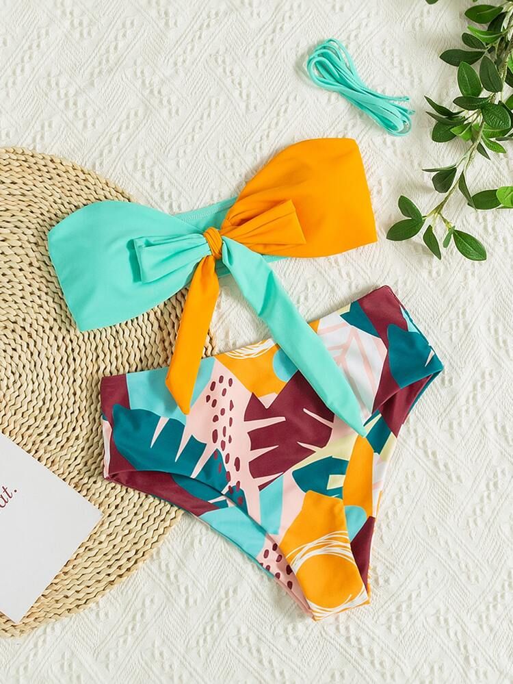 Tropical Print Knot Front High Waisted Bikini Swimsuit | SHEIN