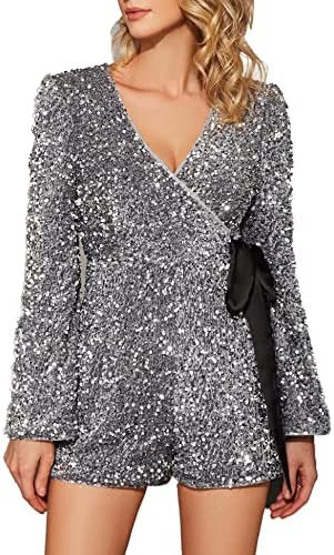 EXTRO&VERT Sequin Romper for Women Sparkly One Piece Jumpsuit Long Sleeve Disco Party Outfit | Amazon (US)