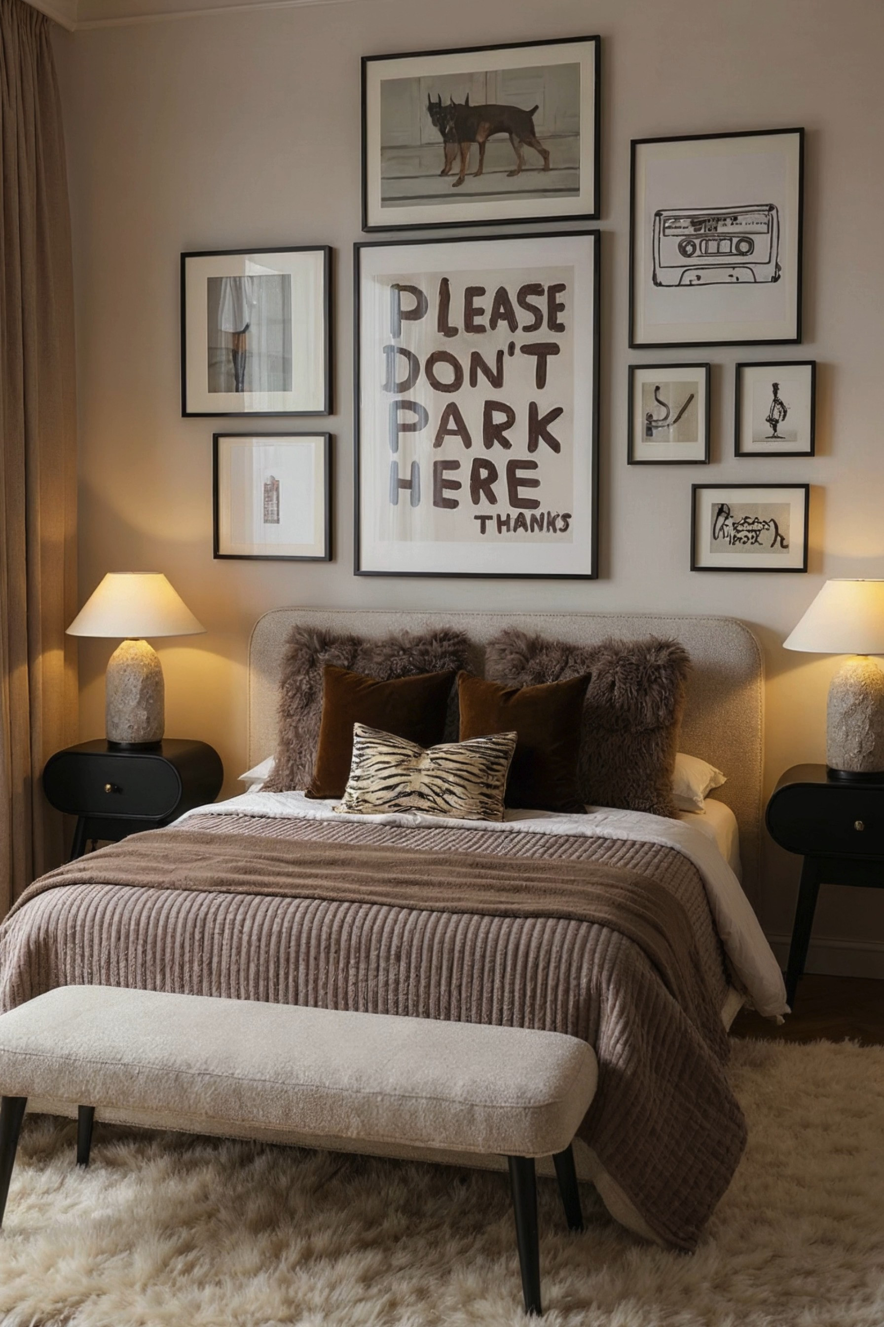 This bedroom exudes cozy, modern sophistication with its neutral palette and layered textures. The room showcases plush bedding in soft browns, enhanced by bold artwork on the walls, including unique pieces such as a "Please Don't Park Here" sign that adds a playful touch. The space is adorned with stylish black side tables and warm ambient lighting from matching lamps, creating a serene, inviting atmosphere perfect for relaxation. A luxurious, shaggy rug completes the room, offering comfort and style underfoot.

🖤 If you want to see more content like this, FOLLOW maeveandmodern on LTK, Instagram, and Pinterest! Check out our blog where we post daily, maeveandmodern.com!

moody bedroom decor | cozy modern bedroom | neutral bedroom styling | wall art in bedroom | modern black side tables | warm ambient lighting | layered bedding design | playful art pieces | luxurious bedroom rug | soft brown color palette | inviting bedroom look | cozy ambiance bedroom | stylish bedroom furniture | neutral cozy décor | comfort and style | unique wall art | organic modern vibes | chic bedroom space | plush bedroom textures | serene bedroom atmosphere | #LTKFindsUnder100

#LTKHome #LTKSaleAlert #LTKSeasonal #LTKHome #LTKSaleAlert