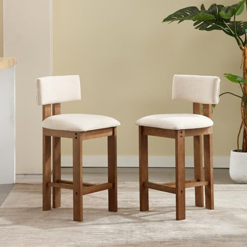 DM Furniture 26" Mid Century Modern Counter Bar Stools for Kitchen Island Farmhouse Wooden Counter Height Barstools Set of 2 with Linen Fabric Curved Back for Patio/Home Bar/Balcony, Beige | Amazon (US)
