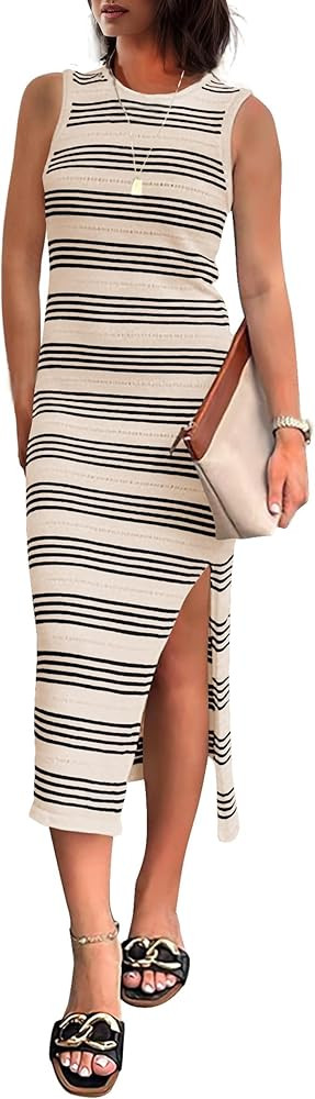 GOLDSTITCH Women Casual Sleeveless Striped Tank Midi Dresses Summer Bodycon Hollow Out Knit Side ... | Amazon (US)