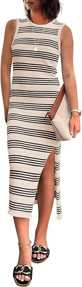 GOLDSTITCH Women Casual Sleeveless Striped Tank Midi Dresses Summer Bodycon Hollow Out Knit Side ... | Amazon (US)