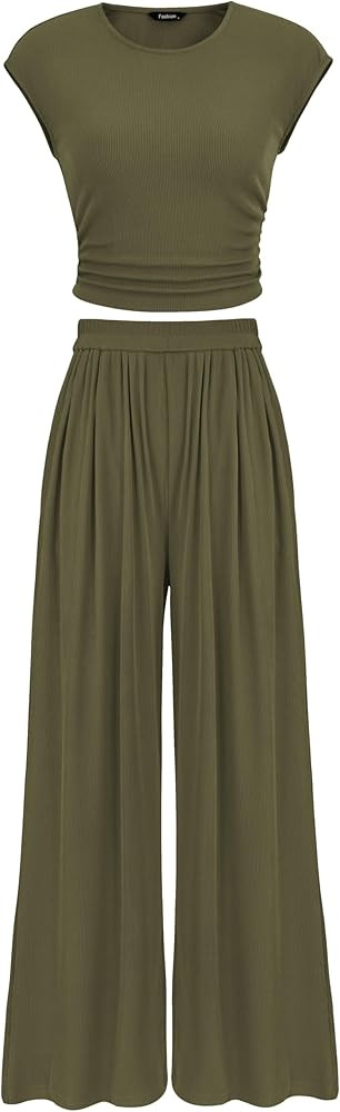 PRETTYGARDEN Women's Summer 2 Piece Outfits 2025 Cap Sleeve Ruched Slim T Shirt Ribbed Knit Wide ... | Amazon (US)