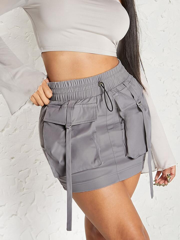 Denimoi Flap Pocket Drawstring Cargo Skirt For Summer | SHEIN