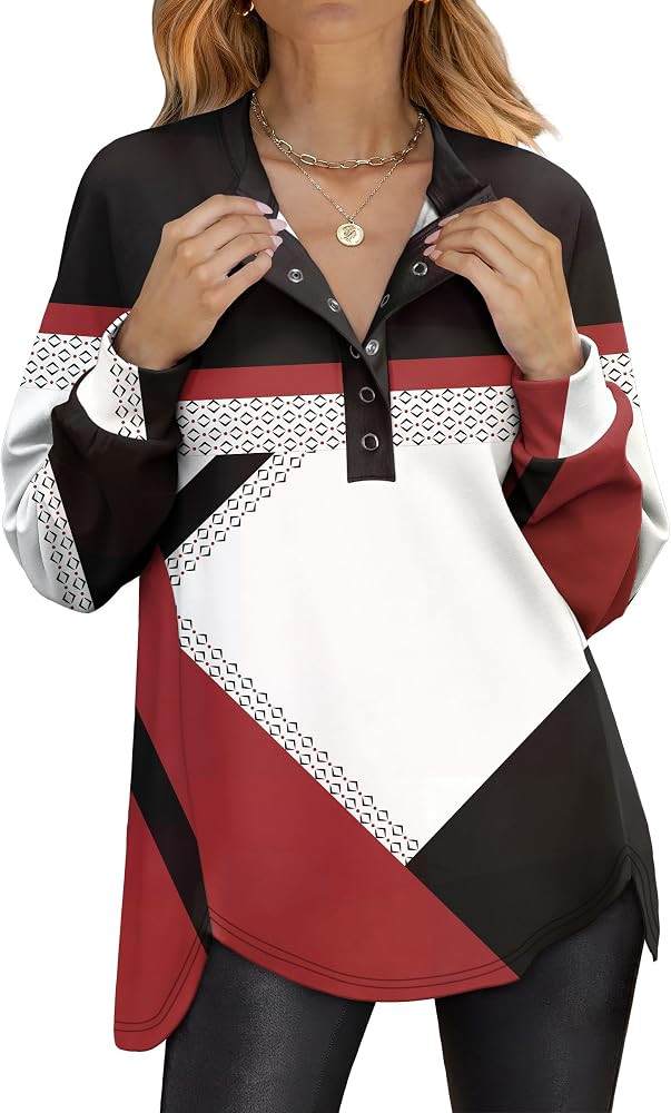 ANRABESS Womens Oversized Printed Henley Neck Sweatshirt | Amazon (US)