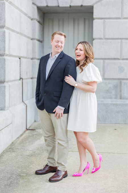 Preppy engagement photo outfit! Love this puff sleeve bow dress. It also comes in hot pink and black! It does run small FYI- go up 1-2 sizes. 

Paired with hot pink pumps and my favorite watch! 

#LTKWedding #LTKStyleTip