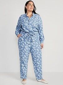 Waist-Defined Floral Utility Non-Stretch Jean Jumpsuit for Women | Old Navy (US)