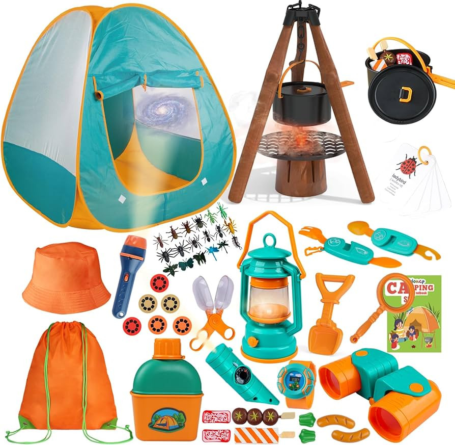 Kids Camping Set 50pcs with Tent & Space Projector Flashlight- Outdoor Campfire Toy Set for Toddl... | Amazon (US)