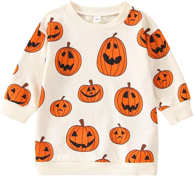 Kids Toddler Baby Boy Girl Clothes Halloween Outfit Pumpkin Print Long Sleeve Crewneck Sweatshirt... | Amazon (US)
