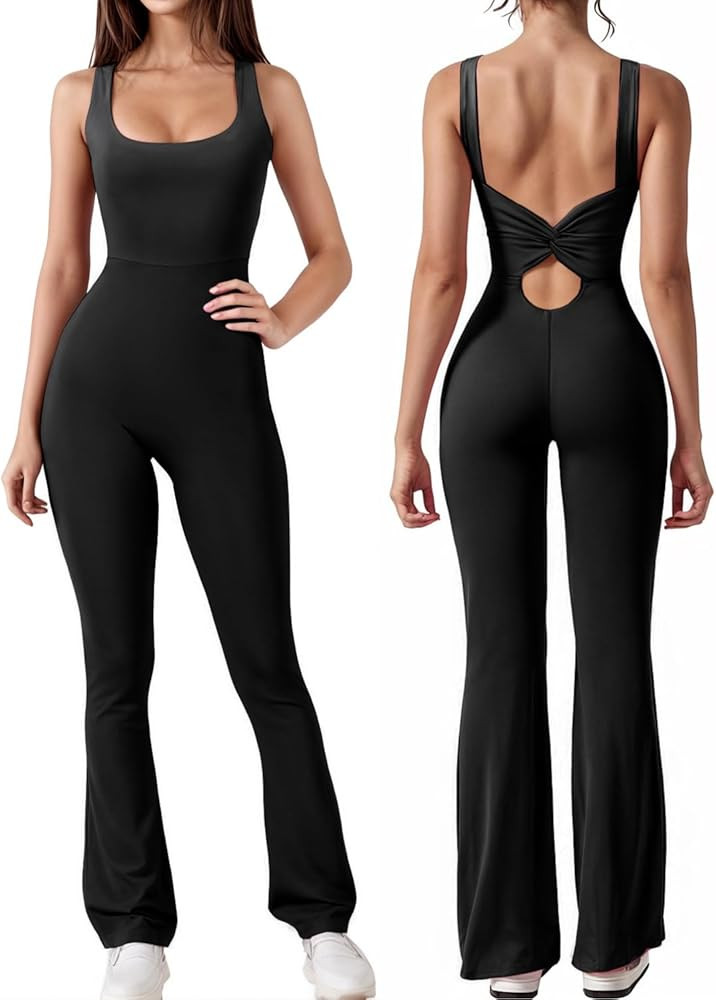 Tanou Flare Jumpsuits for Women Strappy Square Neck Backless Bodycon Full Length One Piece Stretc... | Amazon (US)