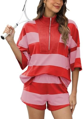 Women's Striped 2 Piece Outfits Oversized Lounge Set Summer Workout Sets Top and Shorts with Pock... | Amazon (US)