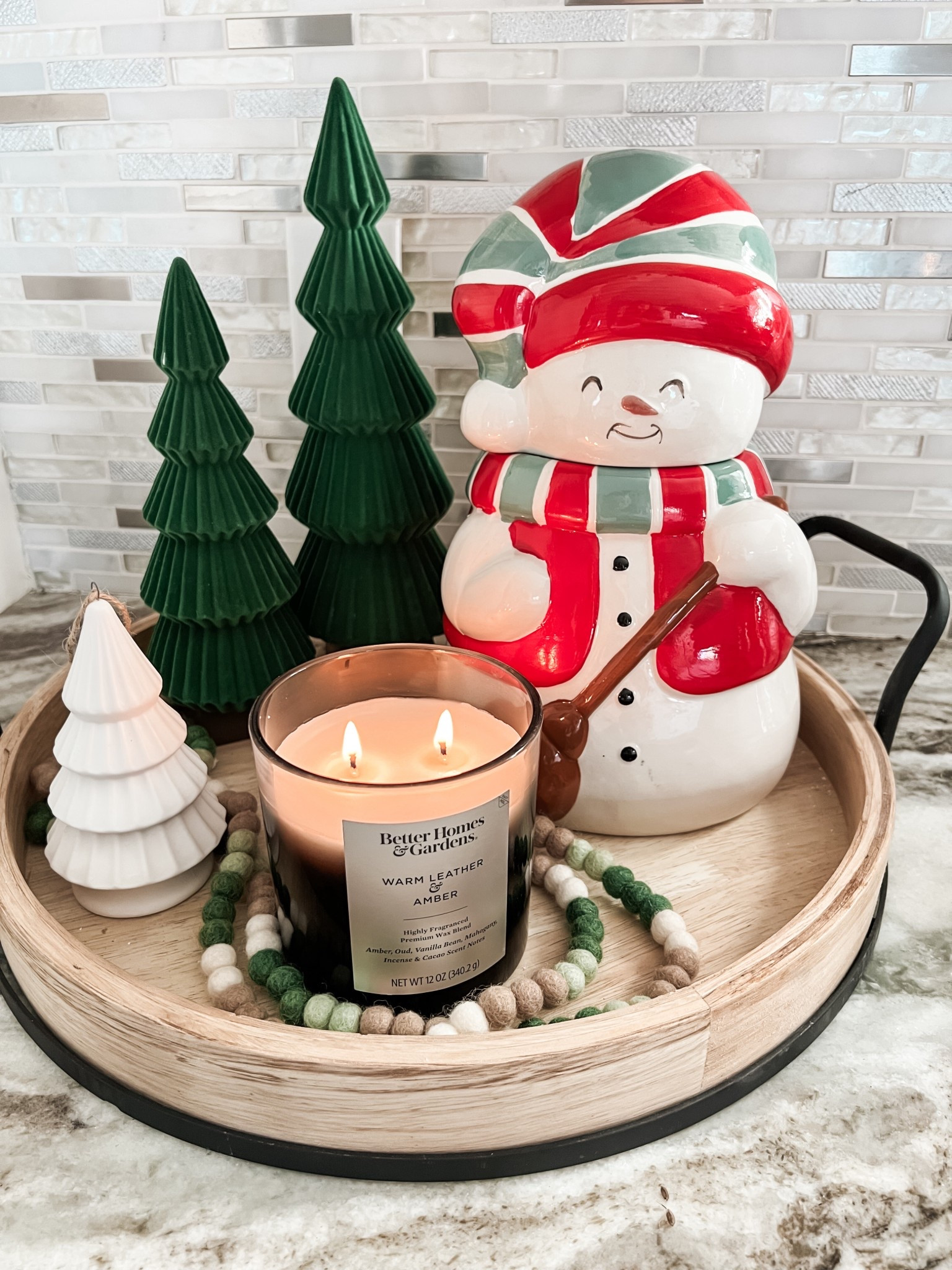 Walmart holiday tray styling idea with this snowman treat jar, candle and decorative Christmas trees. Personalize to make it your own! I’ll link this years version of the treat jar, this is from last year. #walmarthome holiday decor decoration 

#LTKHoliday #LTKGiftGuide #LTKHome