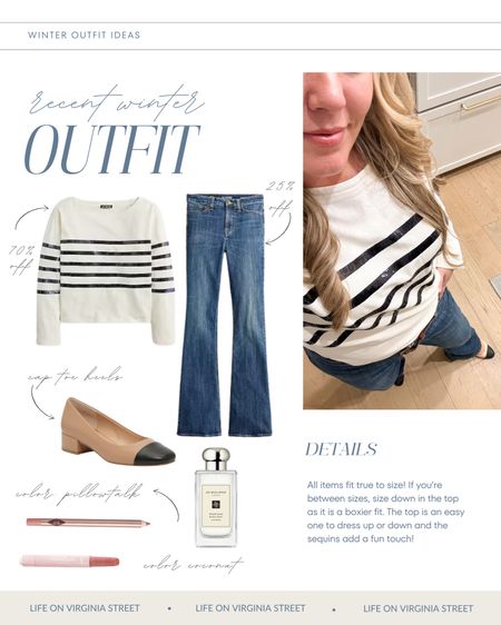 Loving this recent winter outfit idea that includes a striped sequin t-shirt, my favorite long flare jeans, cap toe heels (linking a splurge and save option) and neutral lips! The top is an extra 70% off right now when you buy 3+ clearance items and the jeans are 30% off with code SHOPNOW! They all fit true to size but the top is a loose fit so size down if between sizes are you like it more fitted! Lip liner is pillowtalk original and balm is coconut.
.
#ltkover40 #ltkfindsunder50 #ltkfindsunder100 #ltksalealert #ltkseasonal #ltkmidsize #ltkstyletip #ltkshoecrush #ltkbeauty

#LTKover40 #LTKfindsunder50 #LTKsalealert