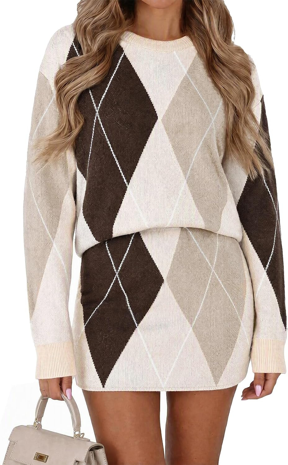 Tankaneo Womens Plaid 2 Piece Skirt Sets Color Block Knit Sweater Sets | Amazon (US)