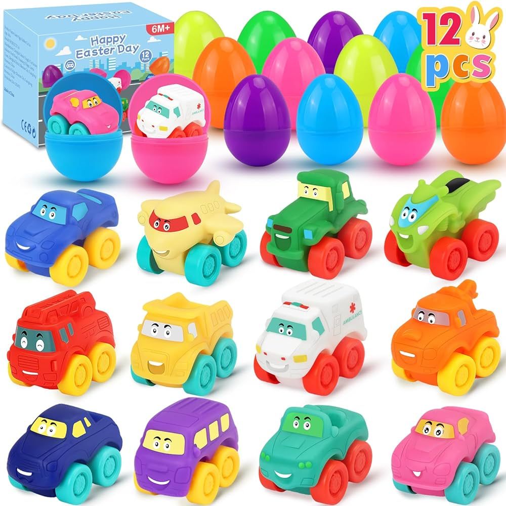 Prefilled Easter Eggs with Toy Cars: 12Pcs Filled Easter Eggs with Soft Rubber Car Toys, Easter B... | Amazon (US)