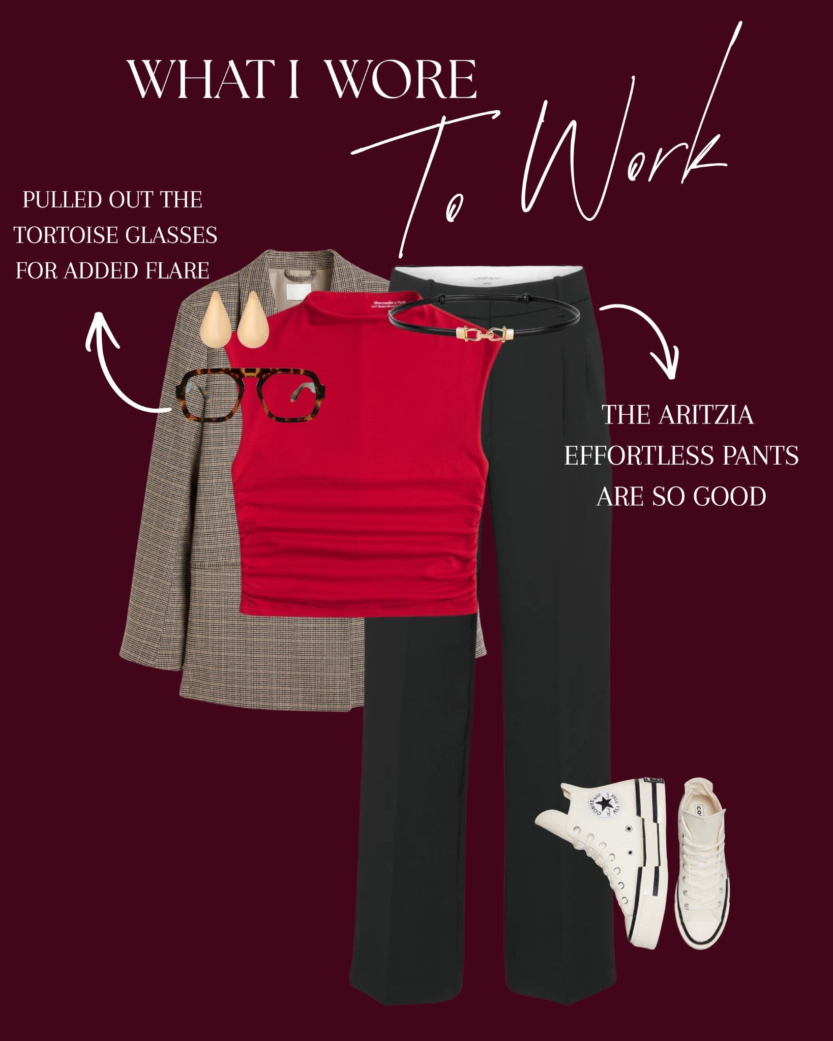Classic plaid blazer paired with a red mock neck top, black tailored trousers and finished off with cream platform sneakers. 

Accessories: tortoise glasses, black and gold simple belt, and large gold earrings. 

#LTKMidsize #LTKootd #LTKWorkwear