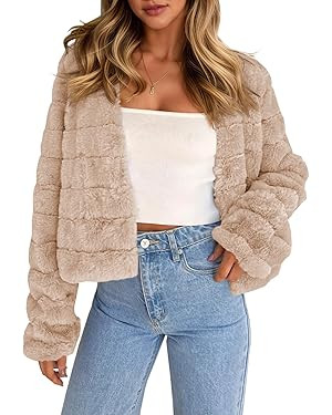 Fisoew Womens Cropped Faux Fur Jackets Long Sleeve Open Front Fluffy Short Coats | Amazon (US)