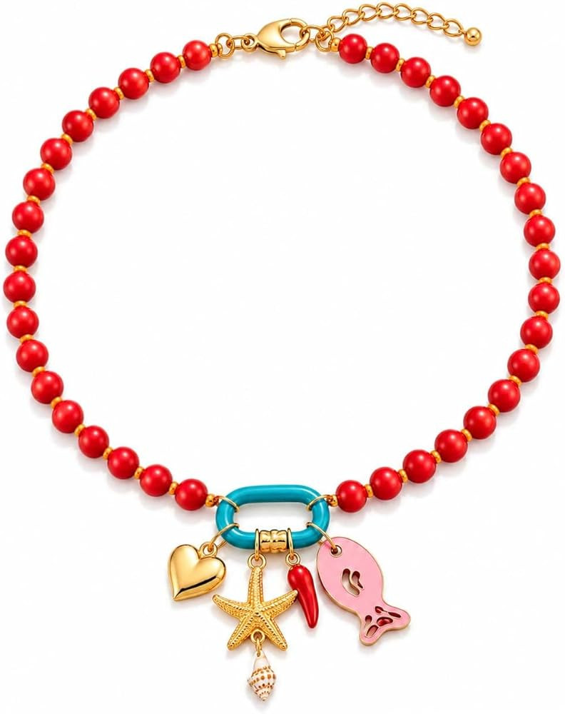Collar de pez para mujer, cuentas coloridas con conchas de coral, estrellas de mar y concha, sard... | Amazon (US)