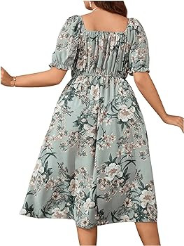 Floerns Women's Plus Size Floral Print Tie Front Square Neck Slit Hem Midi Dress | Amazon (US)