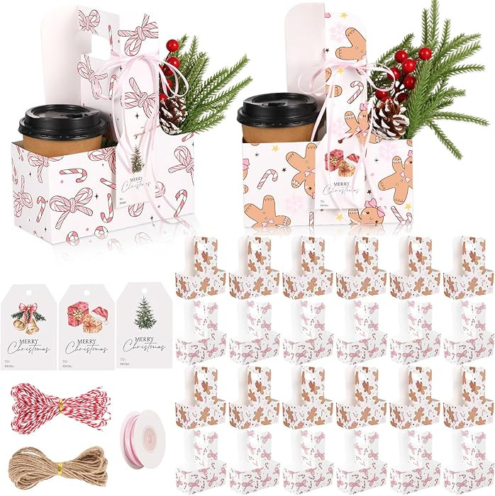 PYQTH 24 Count Kraft Paper Flower Gift Bags Disposable Drink Coffee Carrier with Handle 2 Cup Flo... | Amazon (US)