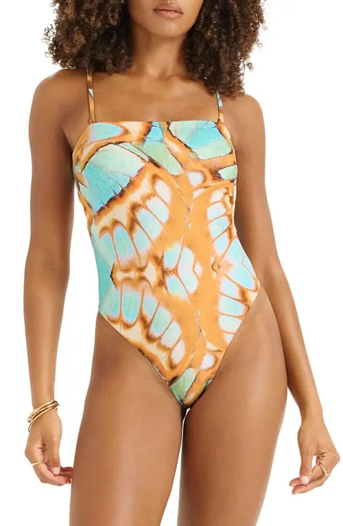 Vitamin A® Classic Bandeau One-Piece Swimsuit in Malachite Butterfly at Nordstrom, Size Small | Nordstrom