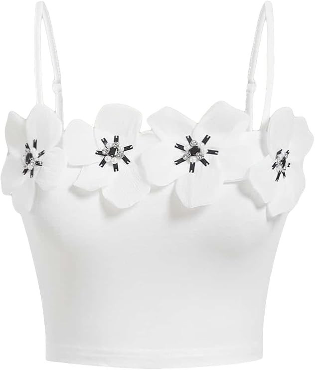 Women's Solid 3D Floral Spaghetti Strap Crop Cami Top Casual Sleeveless Slim Fit Tank Top | Amazon (US)