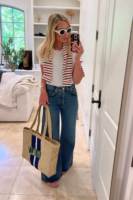 Red white and blue striped shirt. TTS.  Wide leg jeans run a tts. I am in the 25. One of THE best white tees. Also runs tts. 

Fourth of July 
Striped shirt 

#LTKStyleTip #LTKFindsUnder100 #LTKFindsUnder50