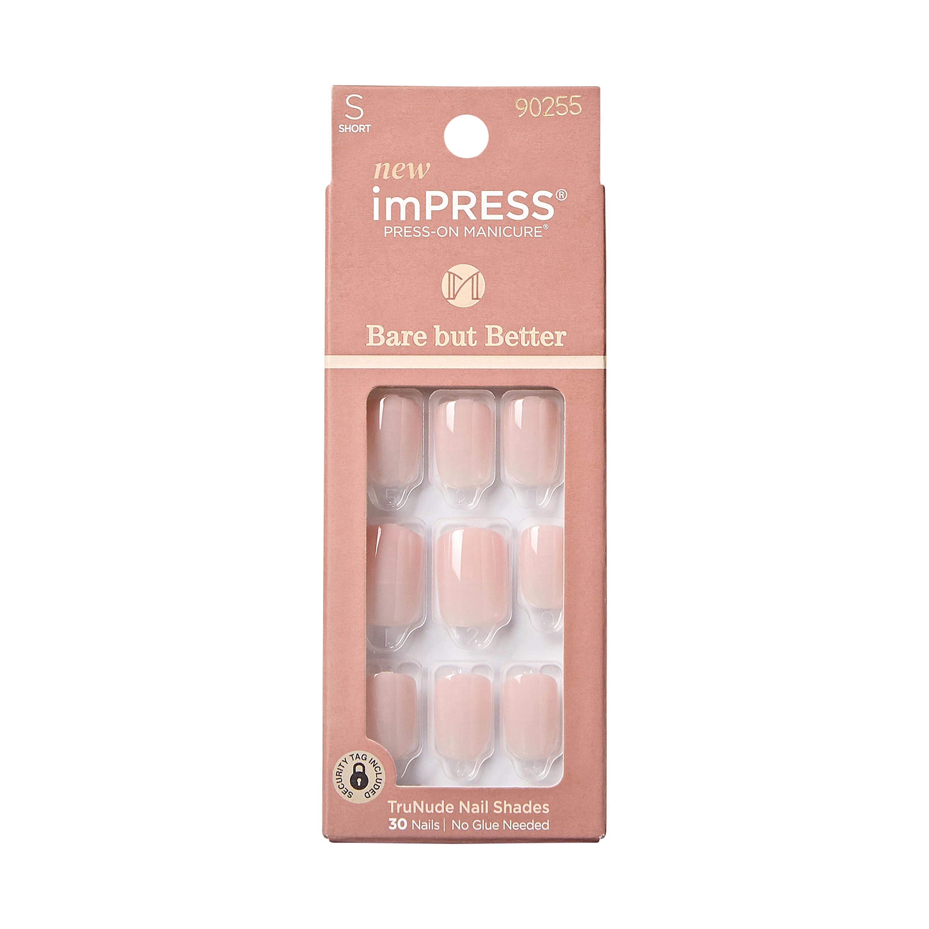 KISS imPRESS Bare but better Short Square Gel Press-On Nails, Glossy Light Pink, 30 Pieces | Walmart (US)