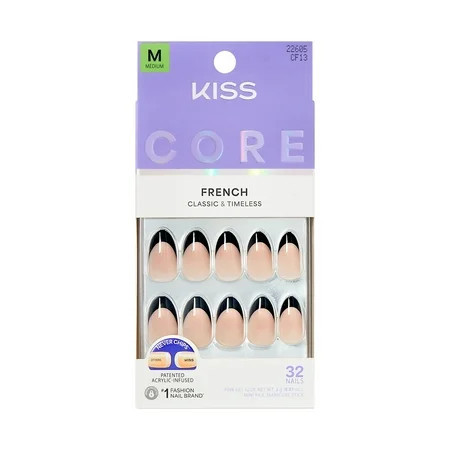 KISS CORE French Tip Press On Nails Almond ‘Full of Fun’ Black Medium 32 Count | Walmart (US)