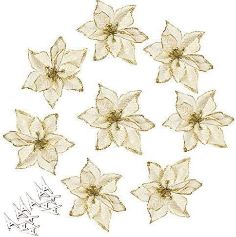 AmaJOY 12pcs Glitter Poinsettia Christmas Tree Ornament Artificial Wedding Christmas Flowers Xmas... | Amazon (US)