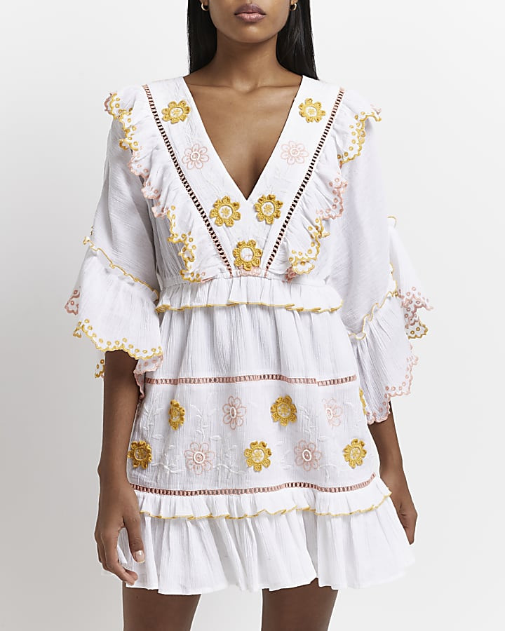 White embroidered floral mini dress | River Island (UK & IE)